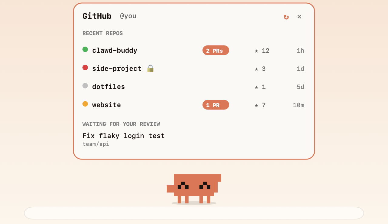 The GitHub dashboard panel above Clawd