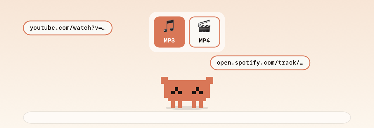 Dropping a YouTube or Spotify link shows MP3 and MP4 tiles