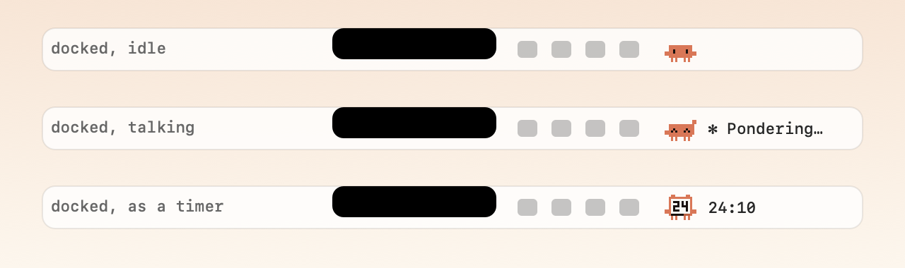 Clawd in the menu bar: idle, talking, and as a timer