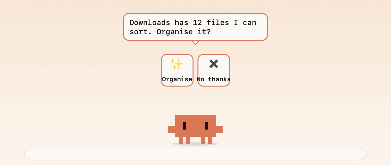 Clawd tossing files into Images, Documents, Audio, Videos and Screenshots bins