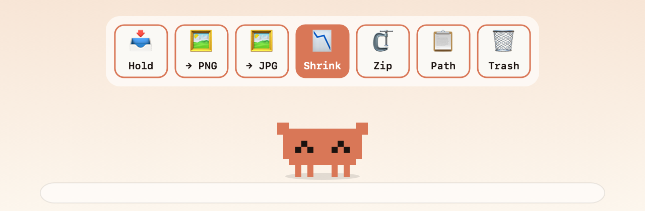 The drop tray above Clawd: Hold, PNG, JPG, Shrink, Zip, Path, Trash